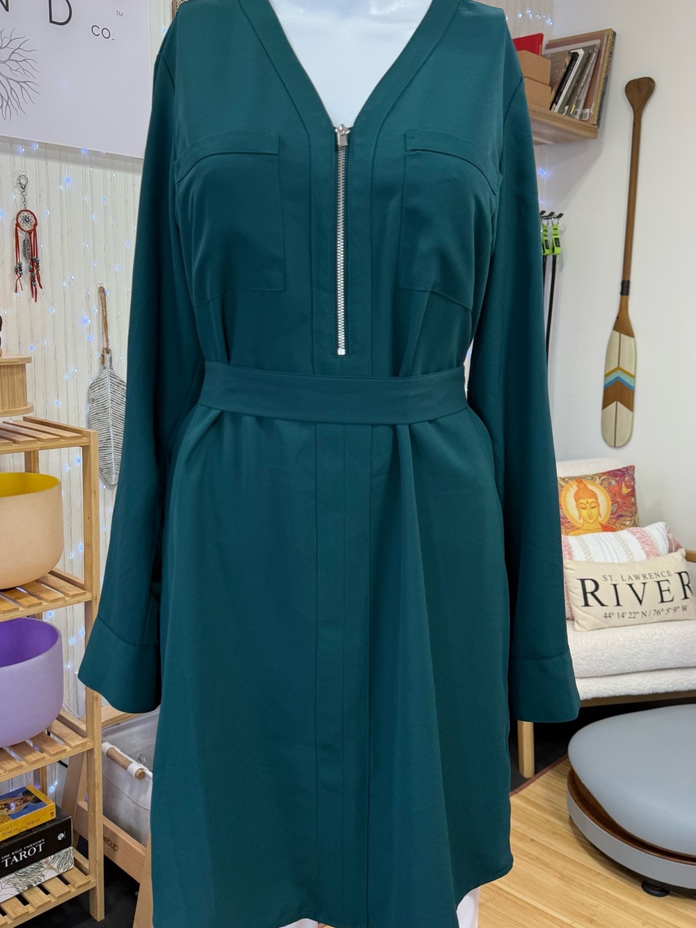Express Teal Long-Sleeve Zip-Front Dress with Belt